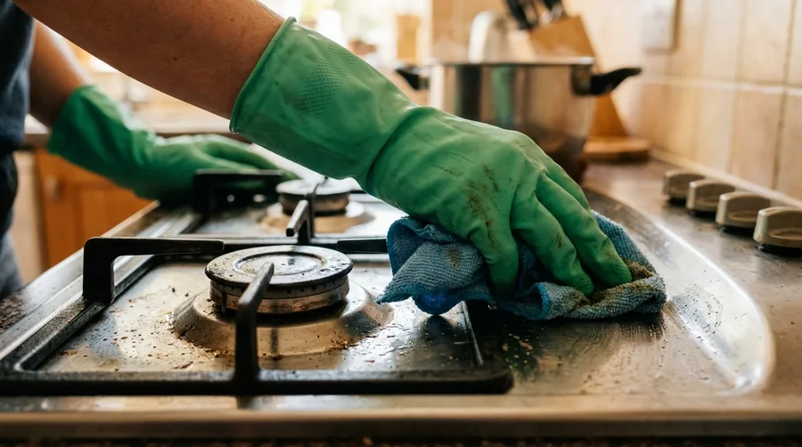 Gloved hands wiping a gas stovetop clean with a damp microfiber cloth in warm kitchen light.