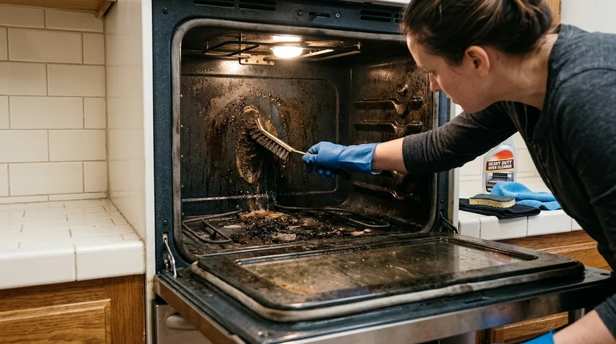 Scrubbing baked-on grime from the inside of an oven with a heavy brush under task light.