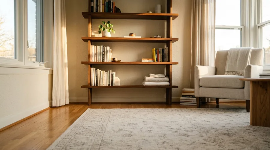 A living room after a deep clean, late afternoon sun on dust-free shelves and a freshly vacuumed rug.