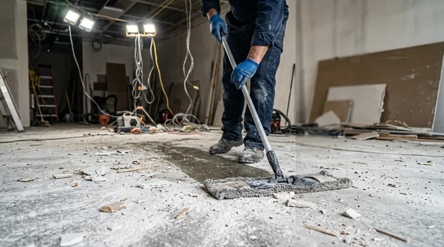 Mopping construction dust and drywall powder from a bare concrete floor under work lights.