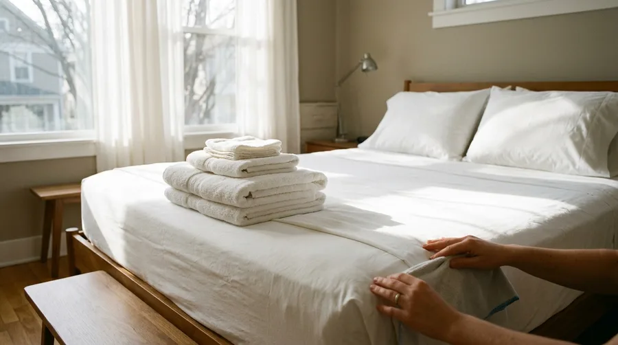 A freshly made bed with crisp white linens and folded towels in a sunlit rental bedroom.