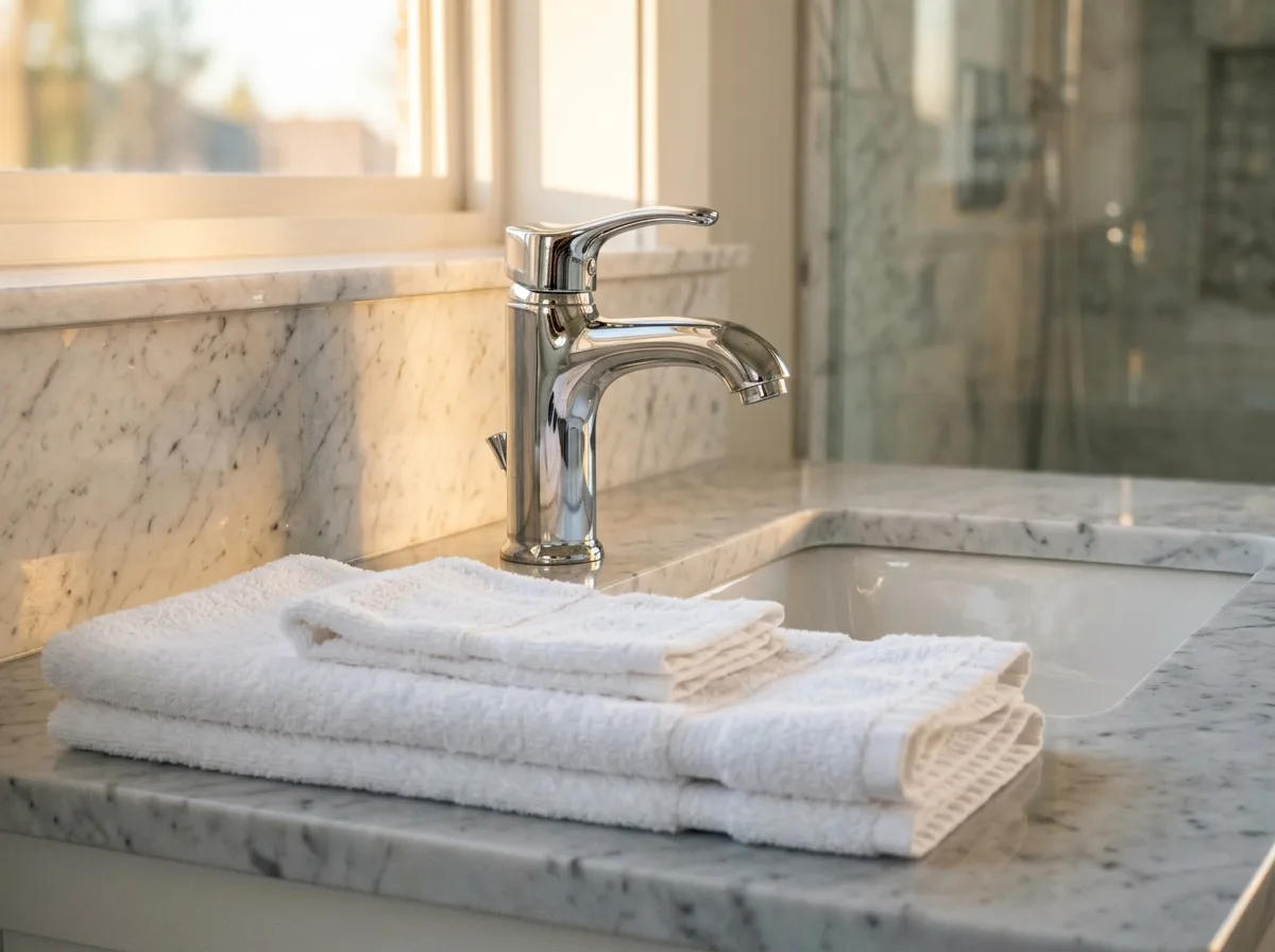 Chrome bathroom taps polished clean above a marble vanity with folded white towels.