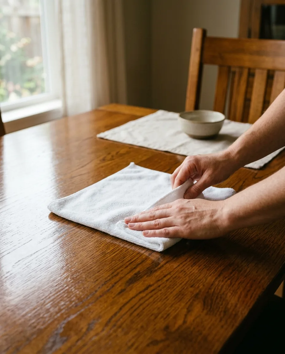 Hands smoothing a folded white microfiber cloth across a polished wooden dining table in side window light.