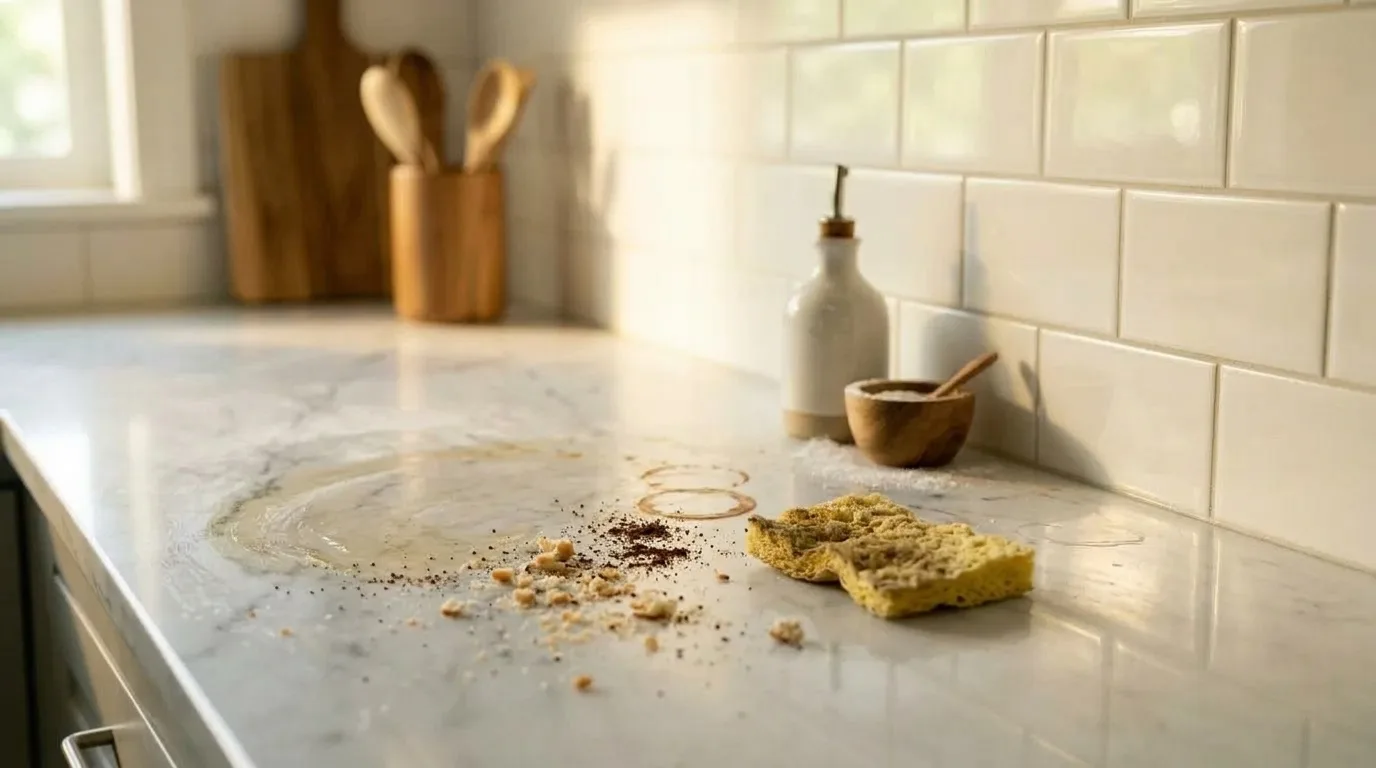 The same kitchen counter before cleaning, with crumbs, dried coffee rings and a used sponge on the marble.