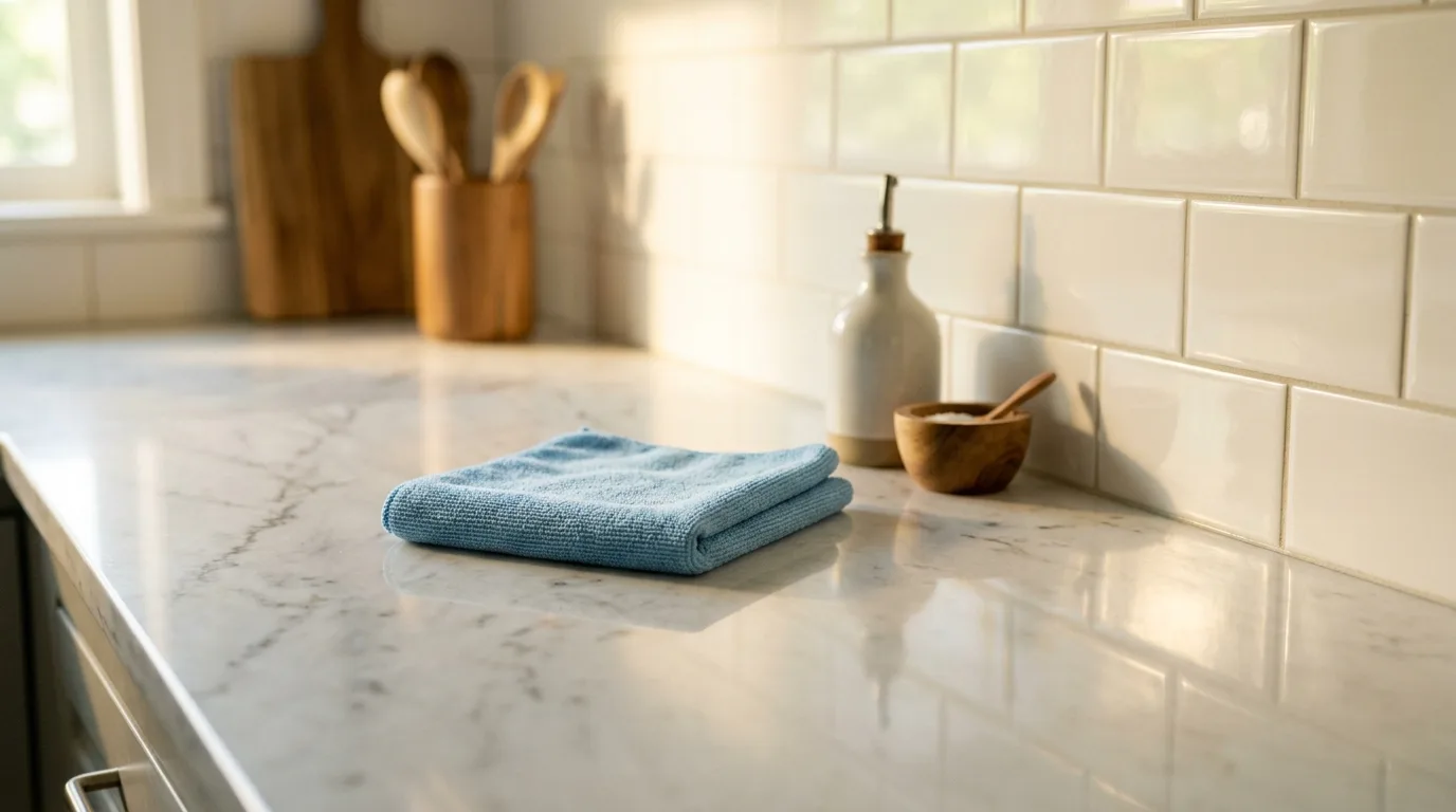 A marble kitchen counter after cleaning, wiped clear and shining in morning light with a folded microfiber cloth beside a wooden utensil crock.